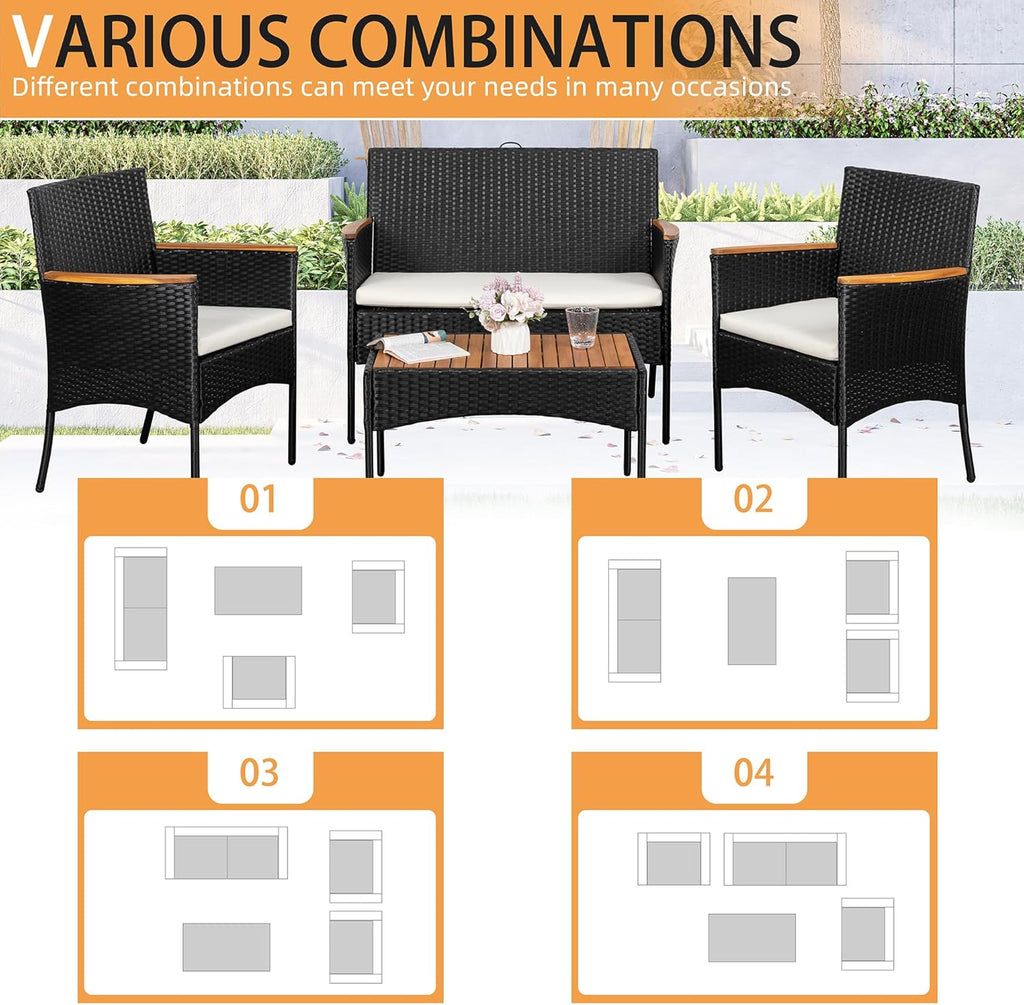 4-Piece Patio Furniture Set, Outdoor Wicker Patio Conversation Furniture Set with Cushions and Wooden Tabletop for