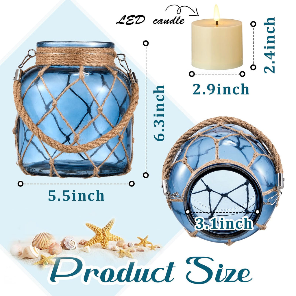 2 Set Nautical Lanterns Rope Handle, Coastal Glass Jar, Navy Blue