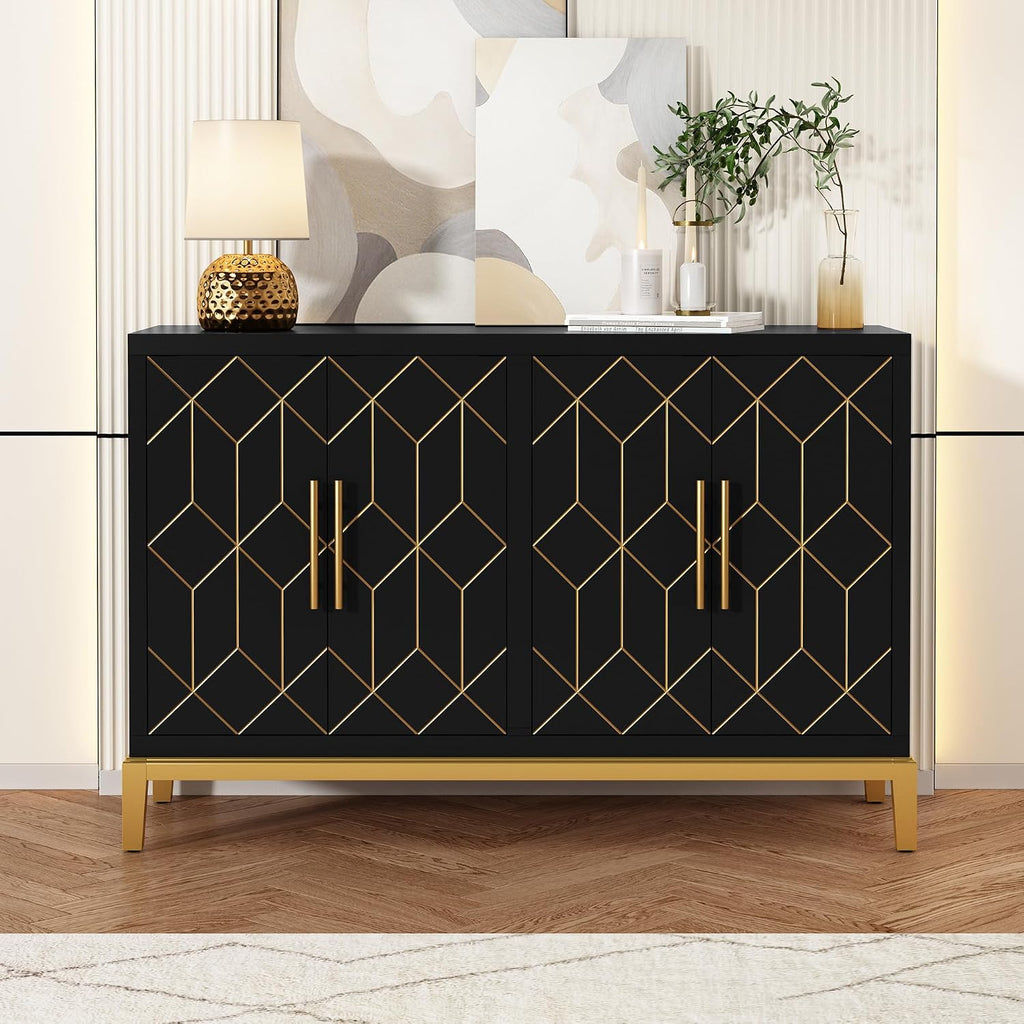 Accent Cabinet with 4 Doors&Shelves, Sideboard Buffet Cabinet with Gold Trim, Modern Black Storage