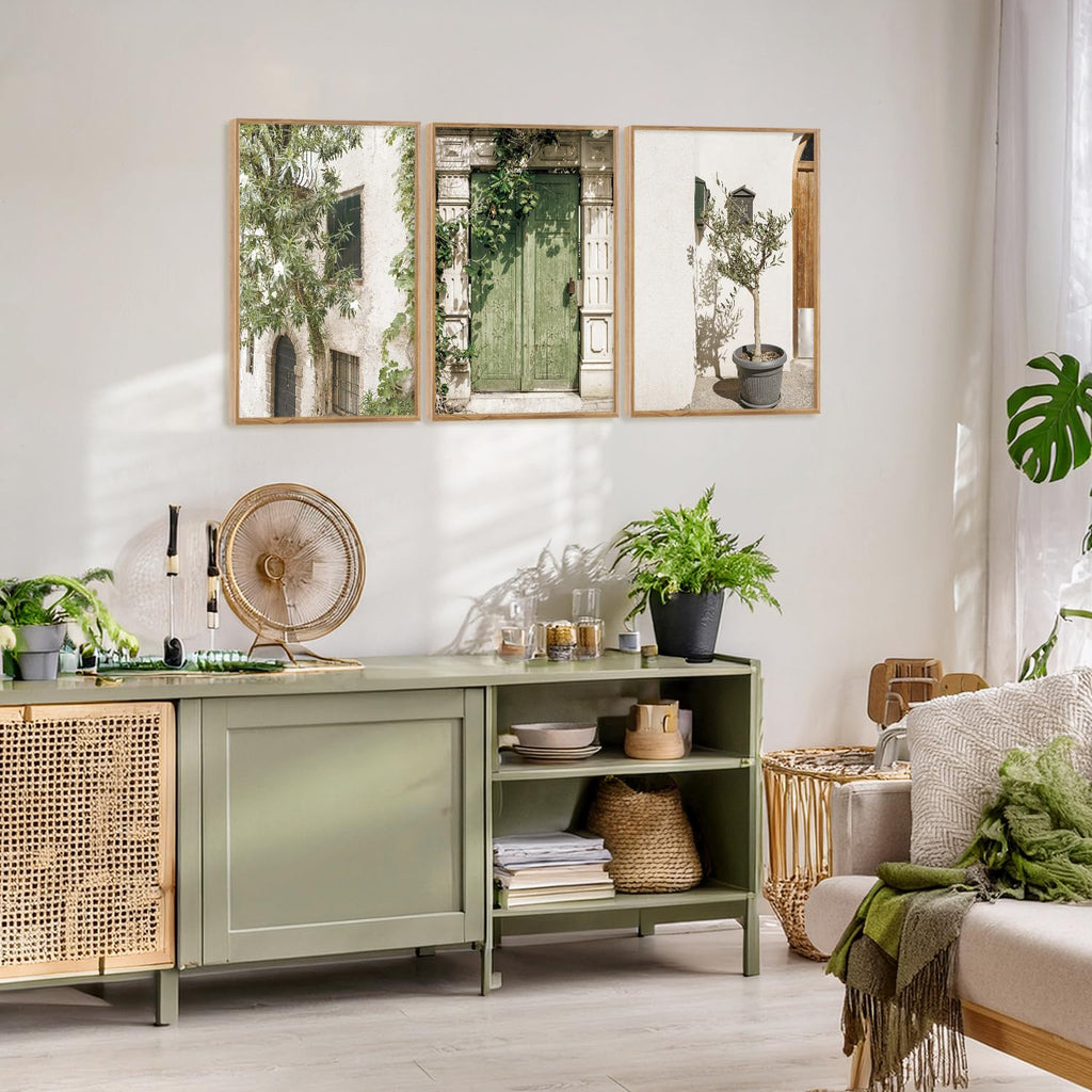 Vintage Italy City Landscape Framed Canvas Wall Set Of 3, Minimalist Country Wall Decor, Nature Green Olive Tree Wall