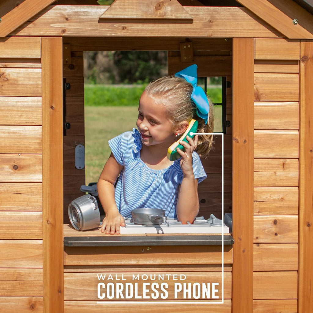 Sweetwater Cedar Wooden Kids Playhouse Cottage with Play Kitchen, Snack Bar, Half Door, Toy Phone, Windows, Flowerpot