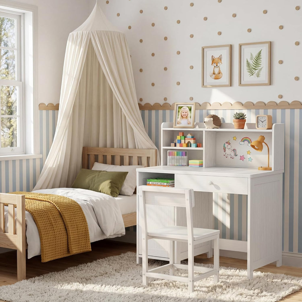 Wooden Kids Desk with Storage,White Kids Desk and Chair Set for 8-10 Year Old, Children Study Desk with Drawer