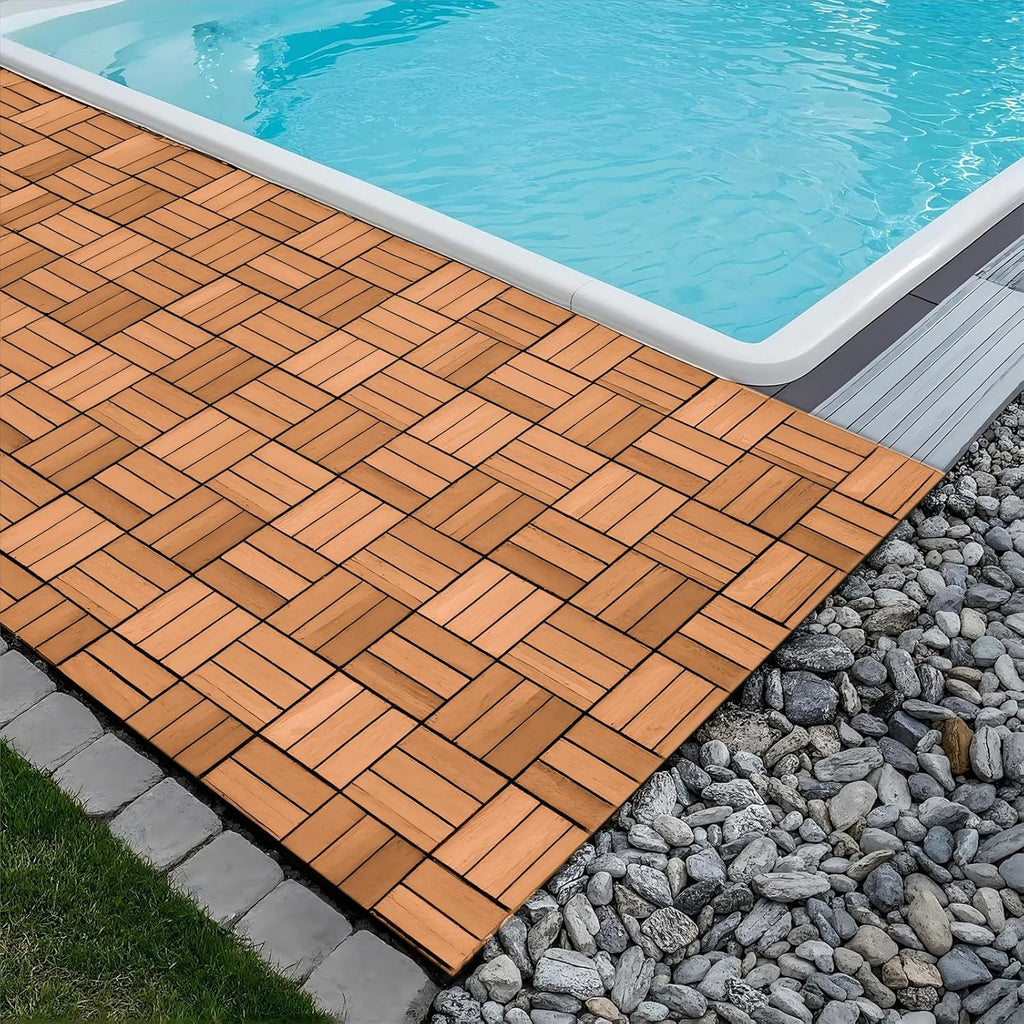 Acacia Wood Deck Tiles, 12" x 12" Interlocking Outdoor Flooring for Patio, Balcony, Backyard & Garden, Natural Wood