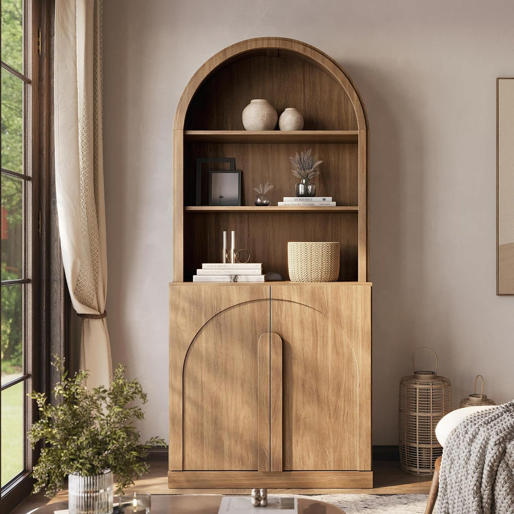 Arched Bookshelf with Storage, 71" Tall Wood Curio Display Cabinet with Adjustable Shelf, 5 Tier Modern Bookcase