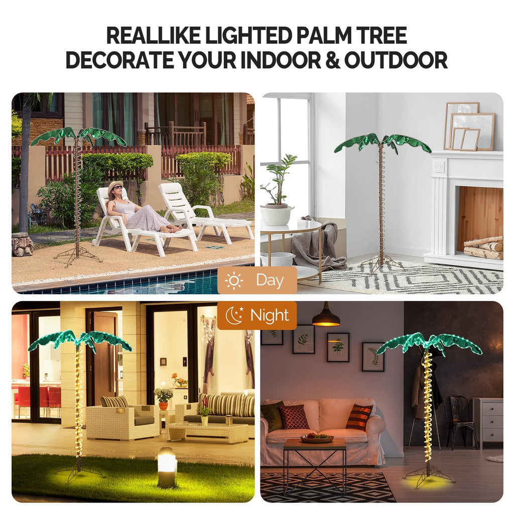 5FT Lighted Palm Tree, Outdoor Palm Trees for Outside Patio Pool Yard Holiday Decor, Artificial Light up Palm Tree