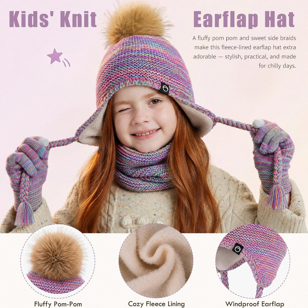 Kids Winter Hat Gloves Scarf Set Warm Earflaps Soft Fleece Lined