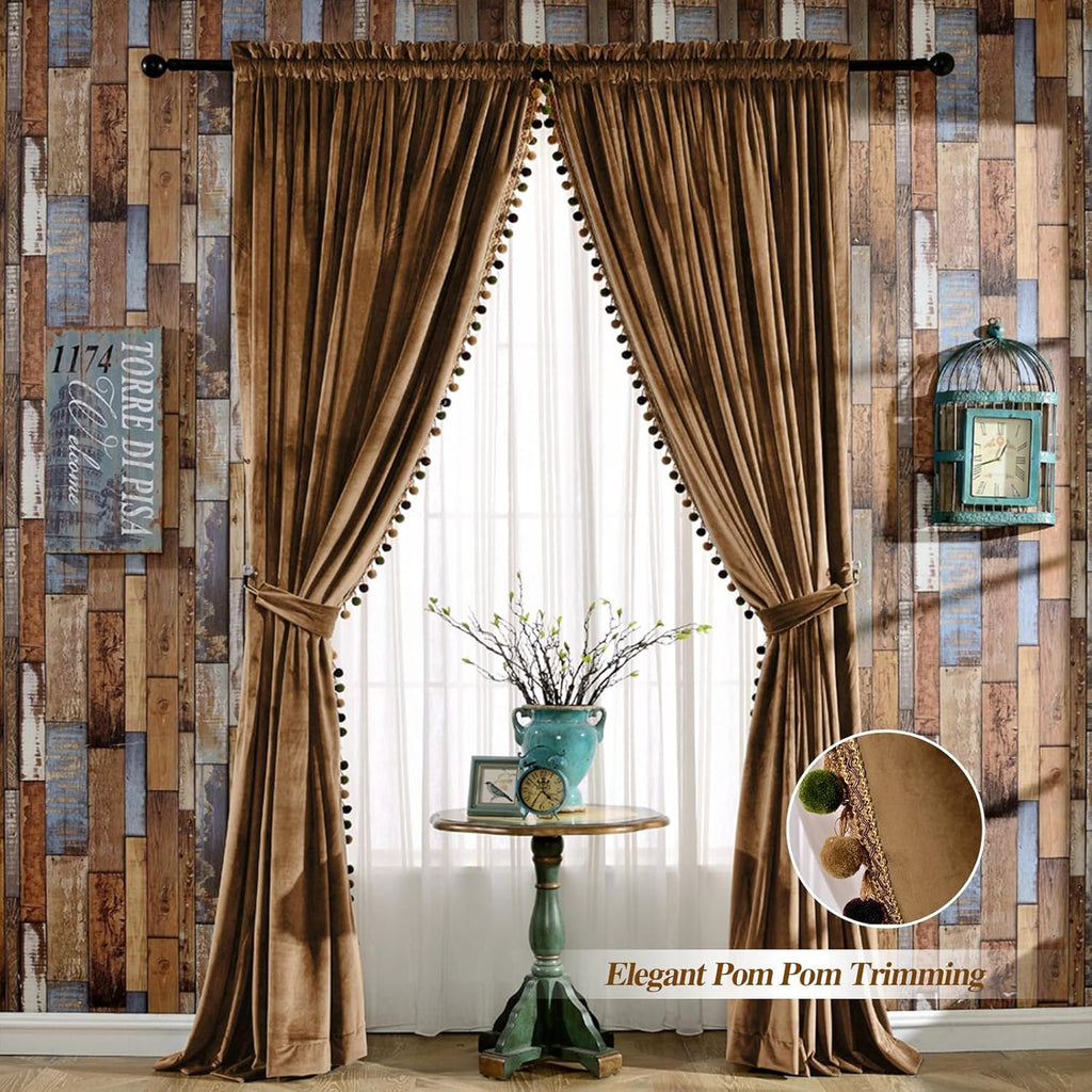 Luxury Pom Poms Velvet Curtains for Bedroom Living Room, Vintage Room Darkening Rod Pocket Window Decorative Drapes