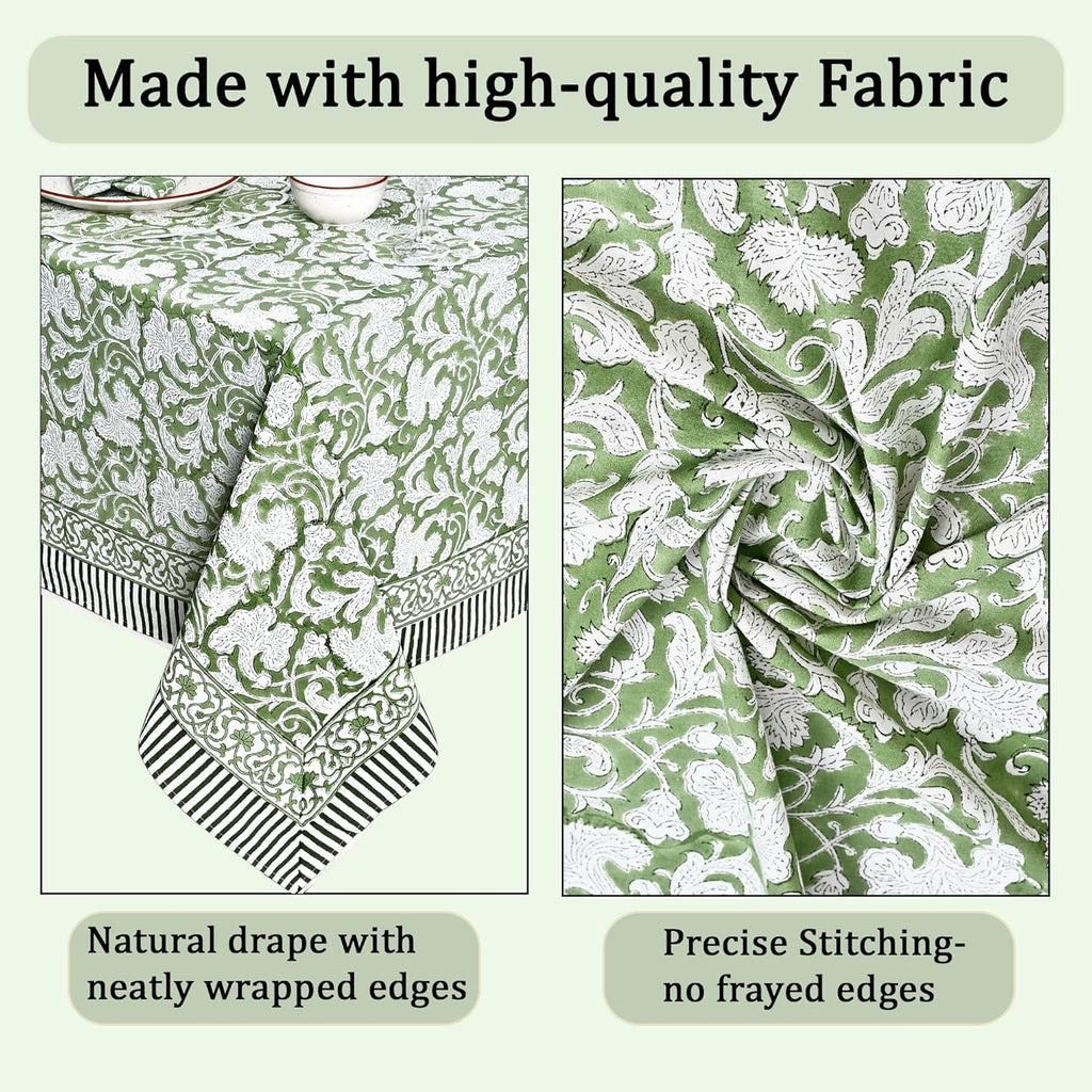 Sage Green 60x90 Inches Rectangle 100% Cotton Hand Block Print Tablecloth Washable Easter Thanksgiving/Christmas