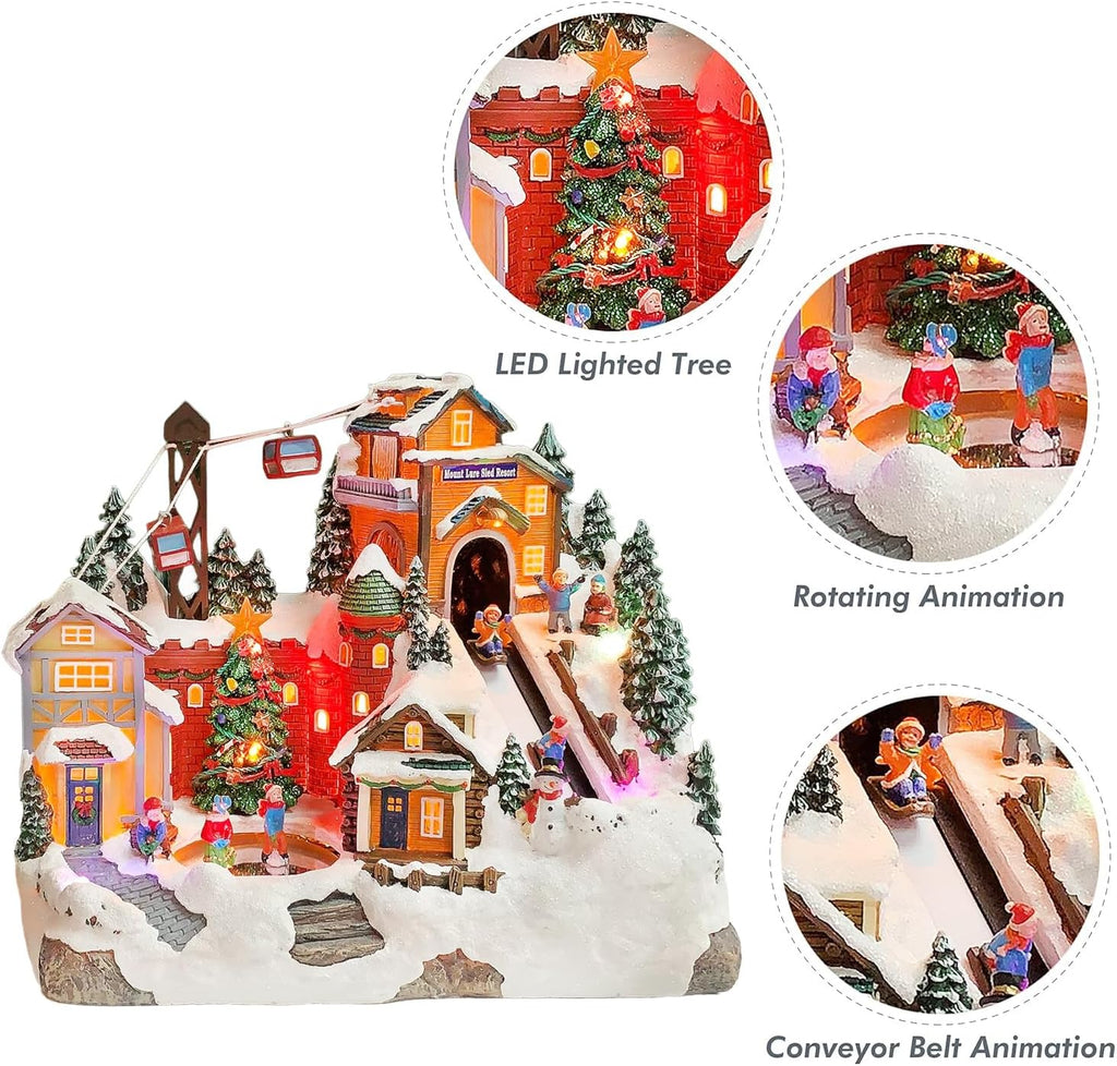 Christmas Village Building Mount Lure Sled Resort LED Lights Music and Animation Ski Lift Winter Resort Scene Power