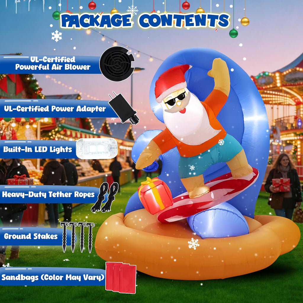Christmas Inflatables Outdoor Santa Claus Surfing, 6FT Inflatable Santa Bulit in Led Lights, Blow up Xmas Yard