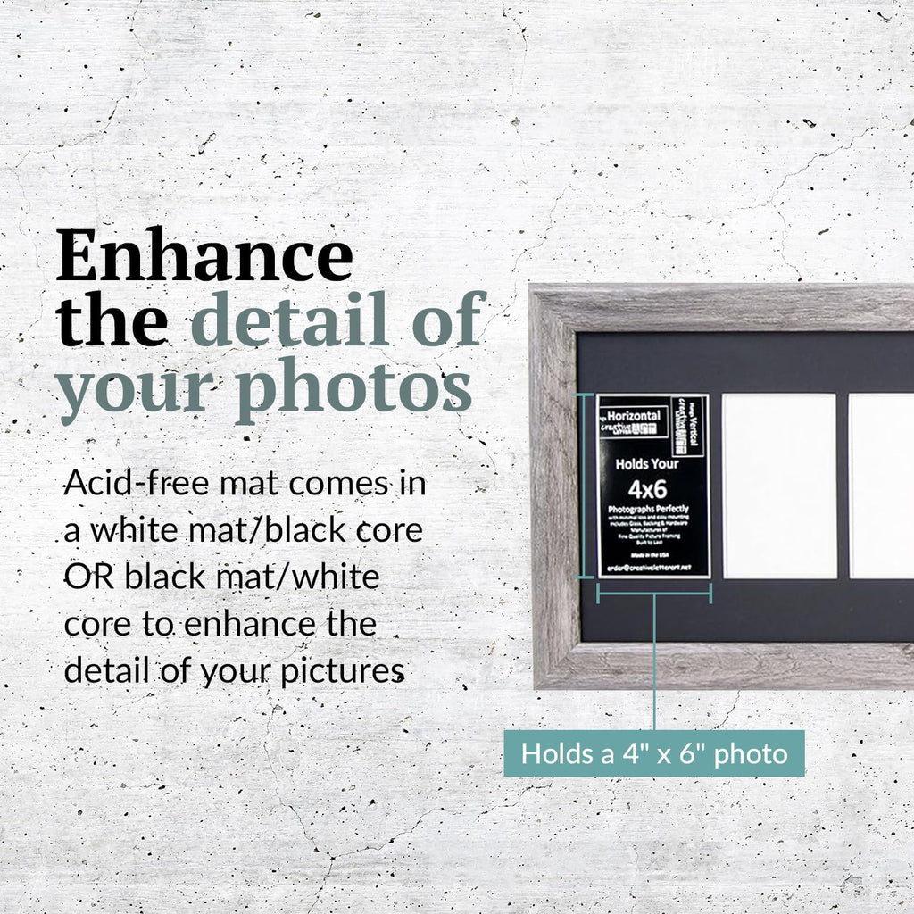 4" x 6" Multiple Opening Picture Frame Collage with 9 holes, Hamptons Driftwood Grey Frame with 10 x 40-inch Black
