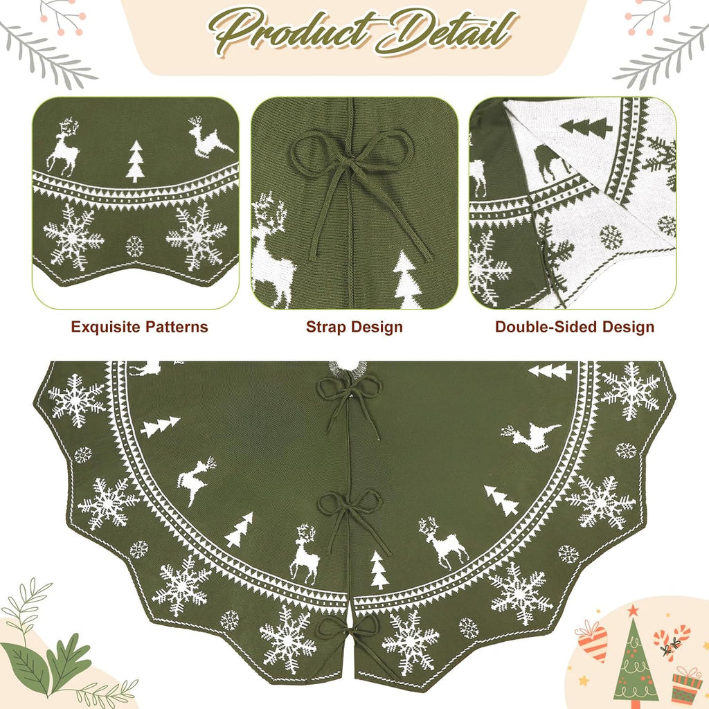 72 Inch Christmas Tree Skirt, Knit Tree Skirt for 12ft Tree to 9ft Tree, Double-Sided Green and White Large Tree