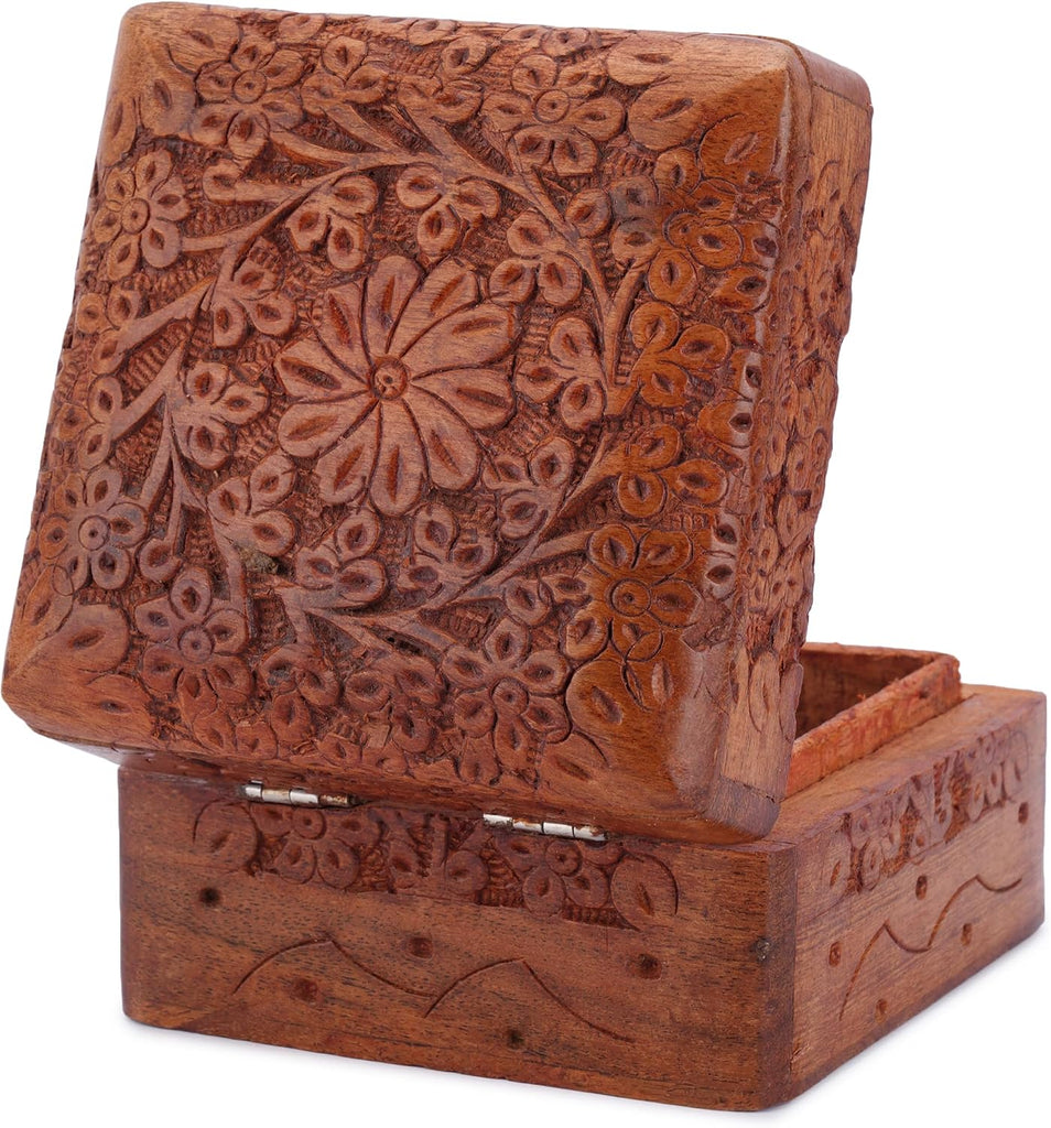 Wooden Hand Carved Jewelry Box Keepsake Treasure Chest Organizer