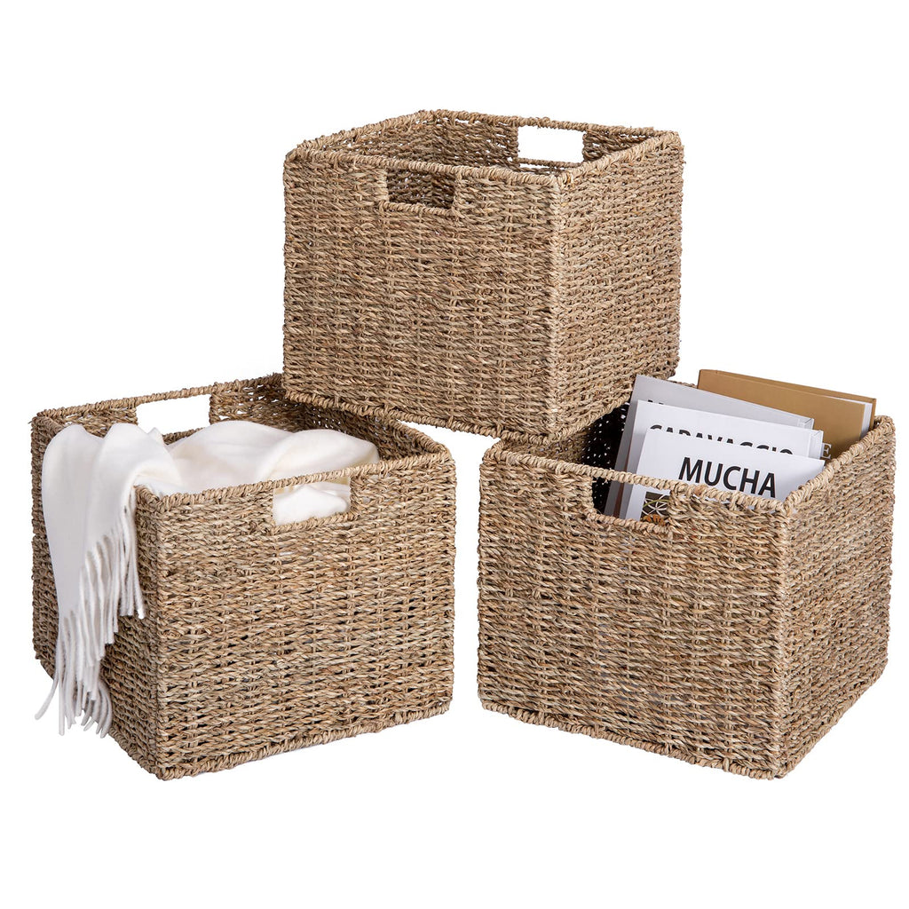 12x12x10in Seagrass Storage Baskets Set of 4, Large Wicker Storage Basket, Decorative Seagrass Shelf Basket, Pantry