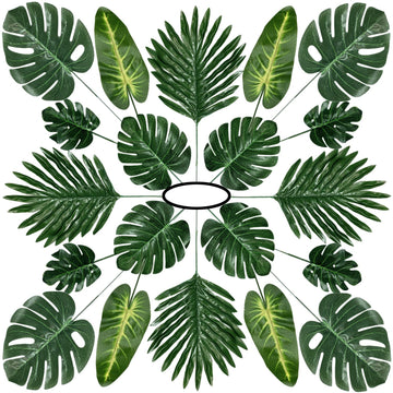 60 Pieces 5 Kinds Artificial Palm Leaves with Faux Stem, Tropical Party Decorations Jungle Monstera Leaves Safari