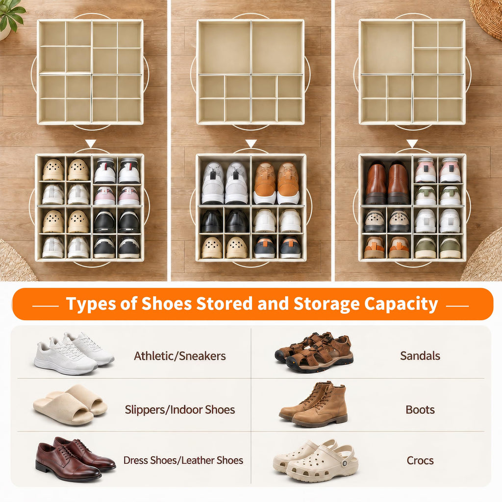 Shoe Organizer for Closet, Foldable Shoe Storage with Adjustable Dividers