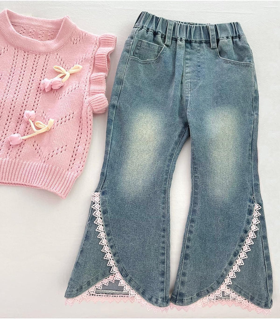 Toddler Girl 3 Piece Set Long Sleeve Shirt with Lace Bow Knitted Vest & Denim Jeans Girls Clothing Sets Fall