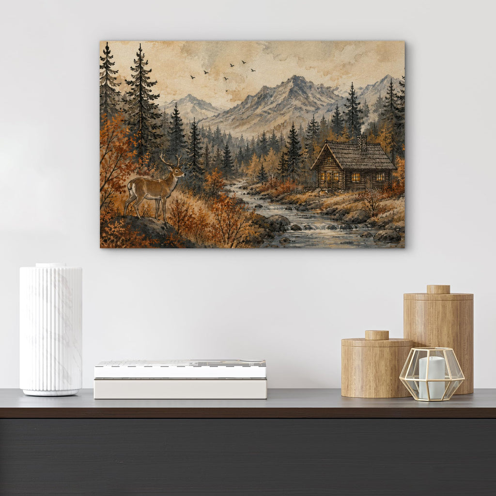 Canvas Print Wall Art Rustic Mountain Cabin Deer Autumn Forest Decorative Scenic Multicolor Landscape Rustic