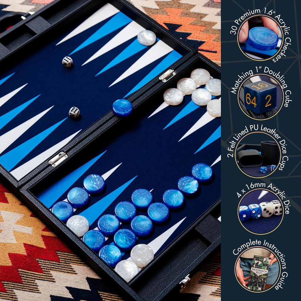 19 Inch Premium Backgammon Sets for Adults Leather Black - Blue. Premium 1.6 Inch Checkers & Dice Set, Travel