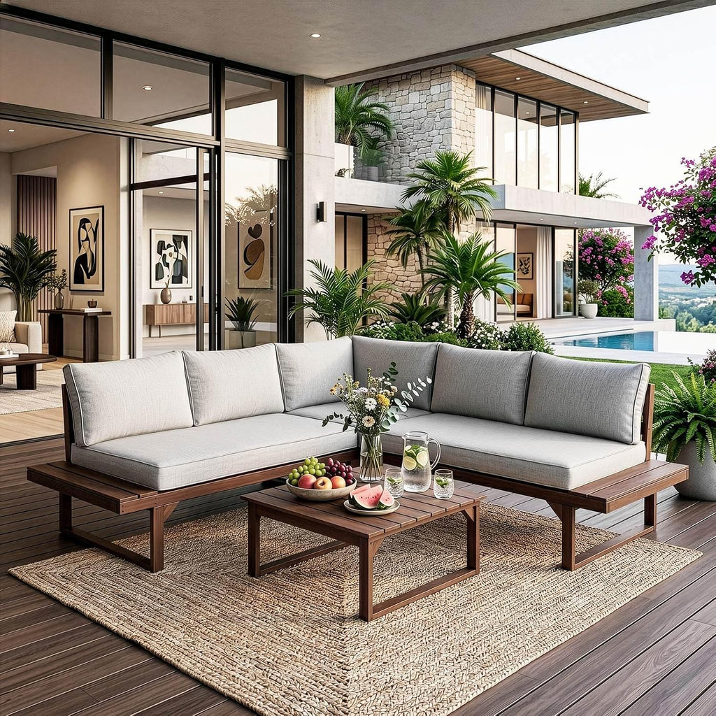 4 Piece Wood Patio Furniture, L-Shaped Outdoor Sectional Sofa Set with Coffee Table, Conversation Set with Built-in