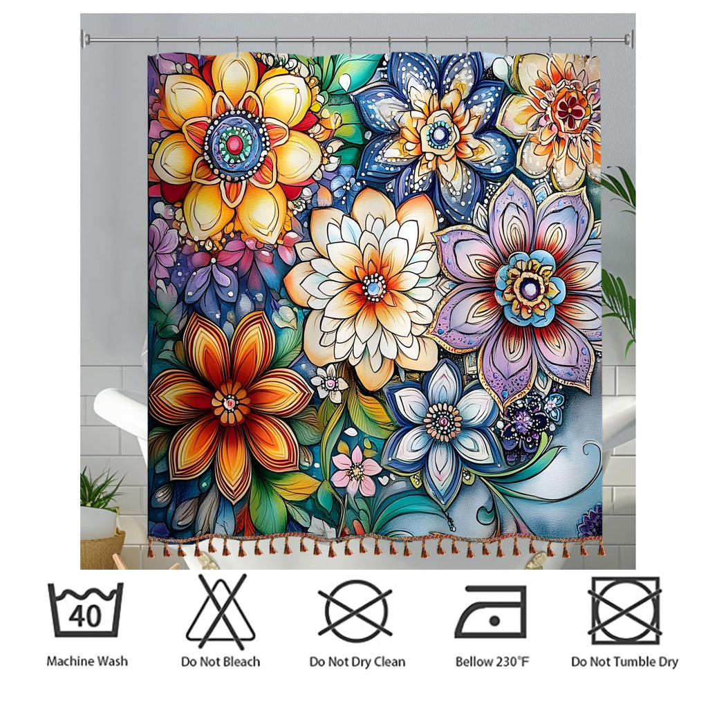 Boho Floral Shower Curtain with Tassels 72X72 Inch Mandala