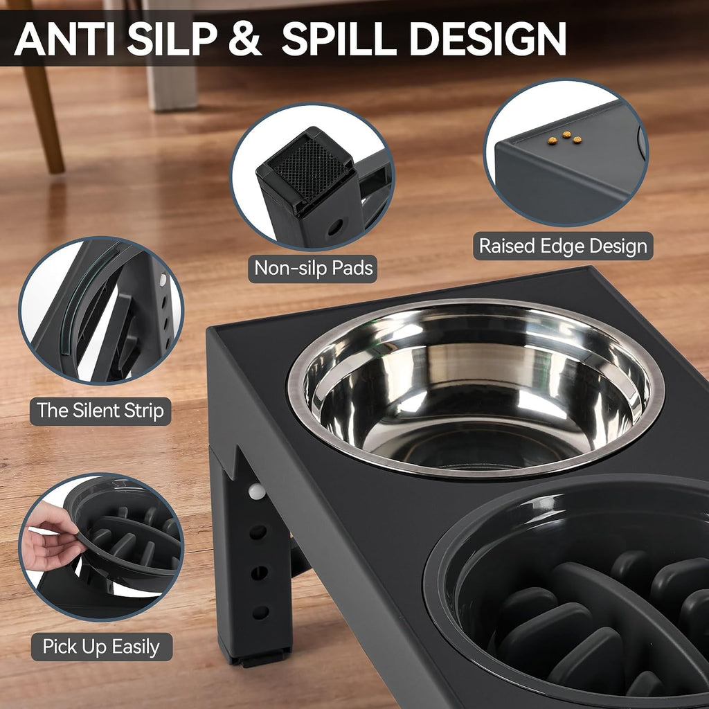 Elevated Dog Bowls, Raised Dog Bowl with Slow Feeder Bowl & Stainless Steel Bowls, 5 Heights Adjustable Dog Feeding