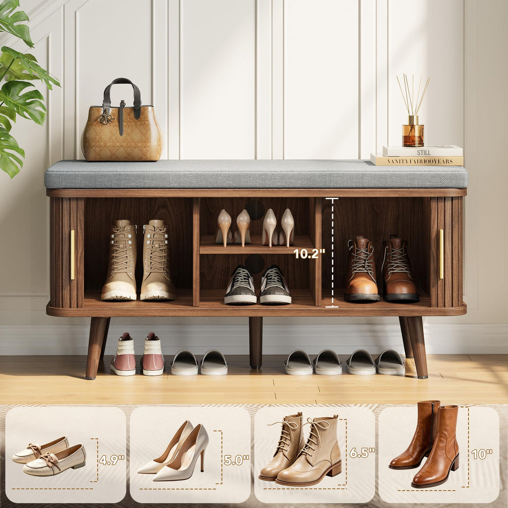 Shoe Storage Bench with Cushion and Sliding Doors, 39 Inch Shoe Bench with Storage, Freestanding Entryway Bench with