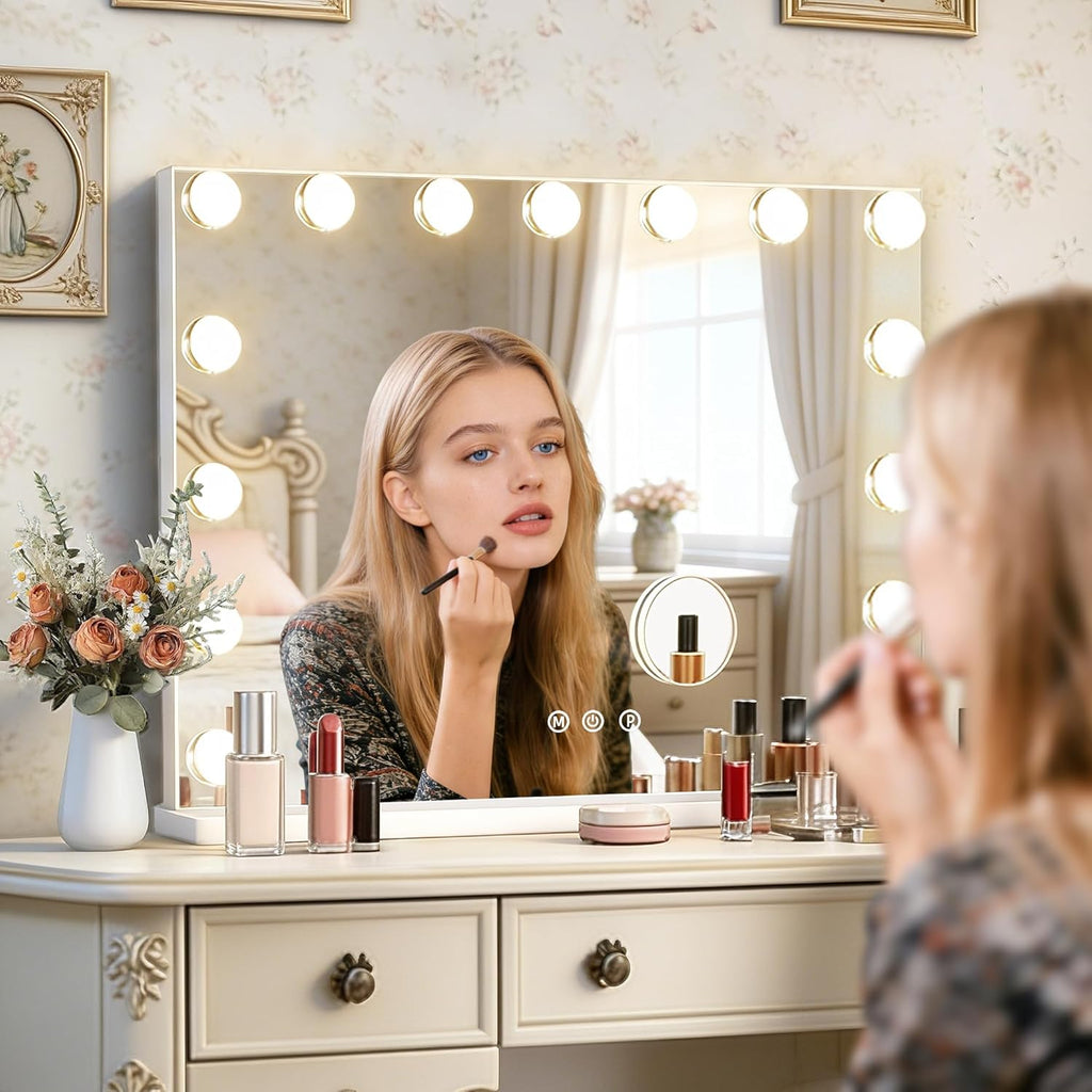 Hollywood Vanity Mirror with Lights, 23" x 18", 15 Dimmable Bulbs, 3 Color Lights, Make Up Lighted Mirror, USB