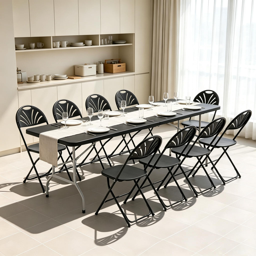 8ft Folding Table Plastic Fold-in-Half Table, Black