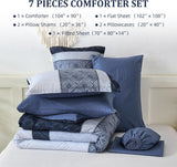 Dinjoy Blue King Comforter Set,Striped Boho Bed in a Bag King 7 Pieces Soft Fall Bedding Comforters Microfiber Mineral