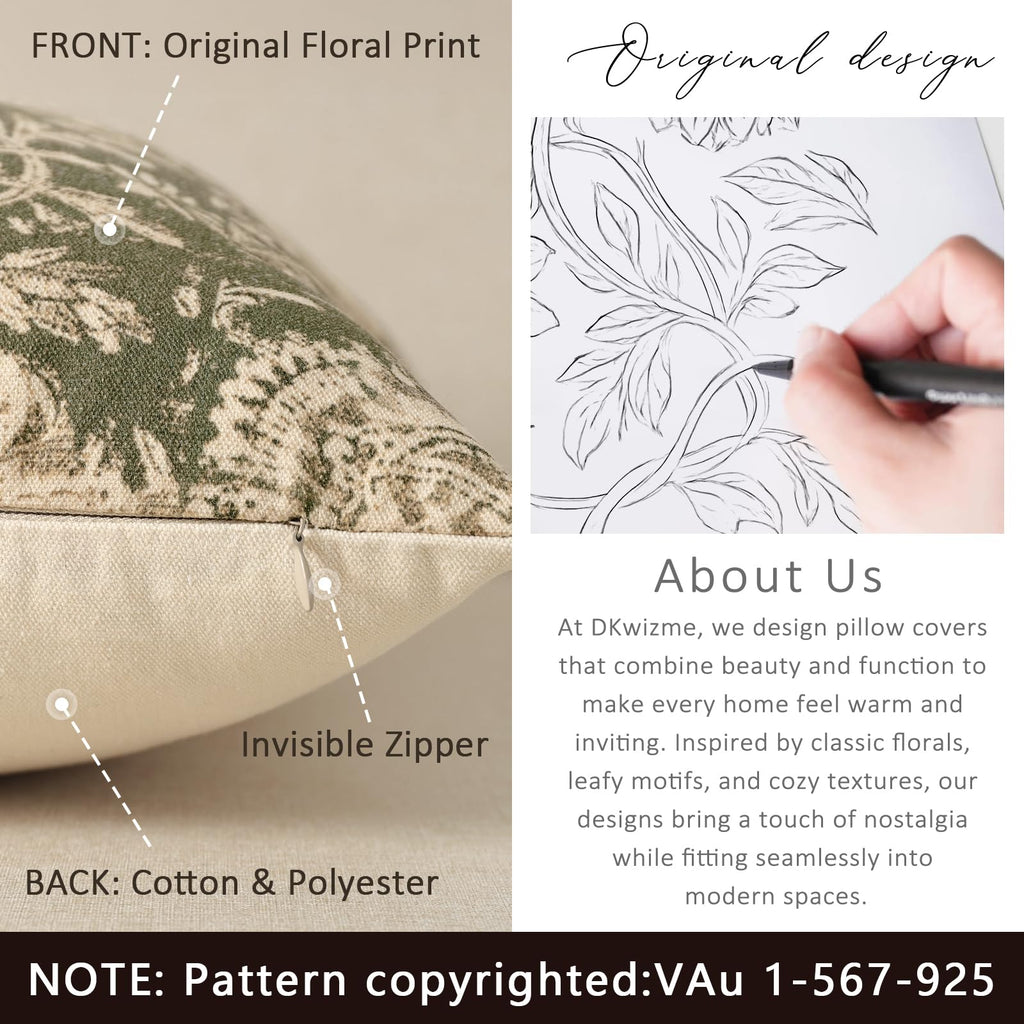 Vintage Floral Print Throw Pillow Covers 22x22 Set of 2 Neutral Modern Farmhouse Accent Decorative Cushion Covers