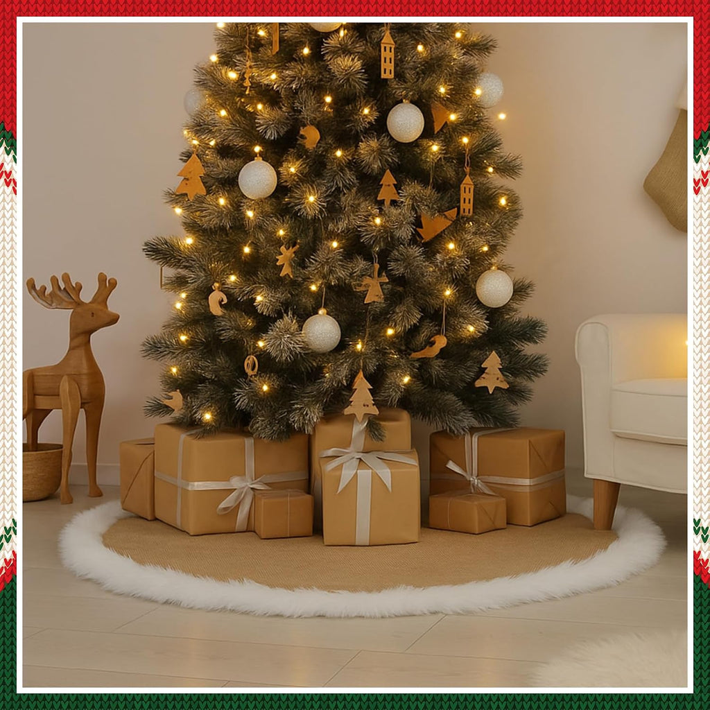 35.4'' Christmas Tree Skirt, Rustic Burlap White Faux Fur Trim Tree Skirt Simple Plain Burlap & Soft Thick Plush