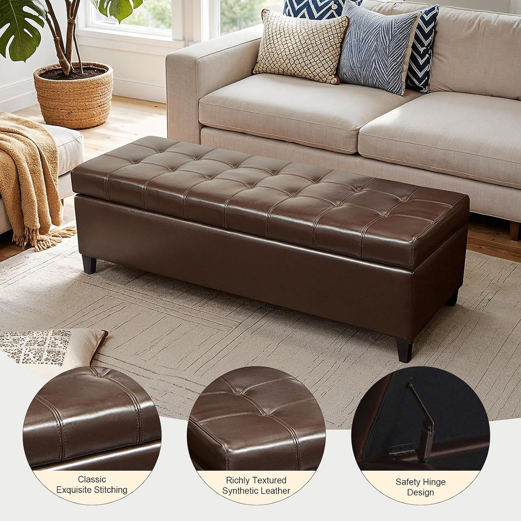 Ottoman with Storage, 51 Inch Large Ottomans Storage Bench | Faux Leather Upholstered End of Bed Bench with Hinged