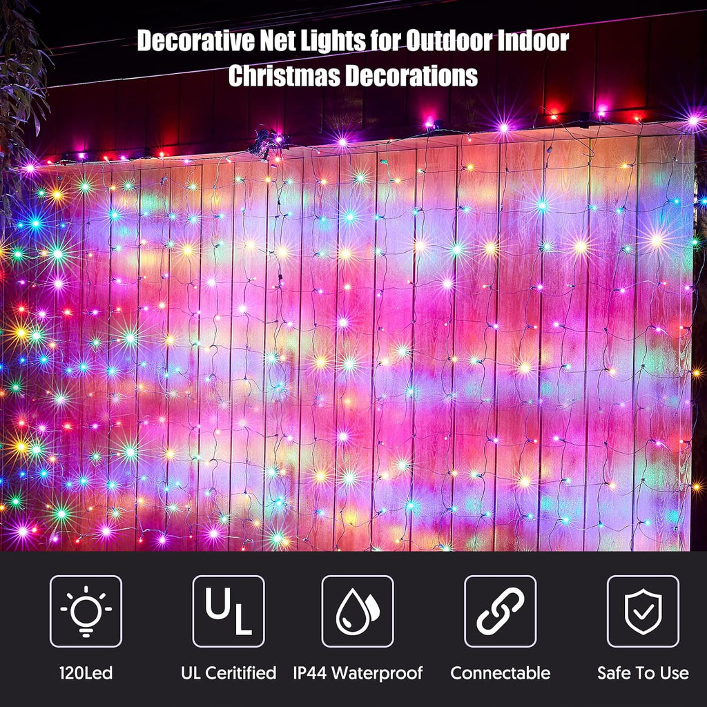 Led Christmas Net Lights Outdoor Christmas Decorations 120Led 6Ftx4Ft UL Certified Connectable Waterptoof Mesh Net