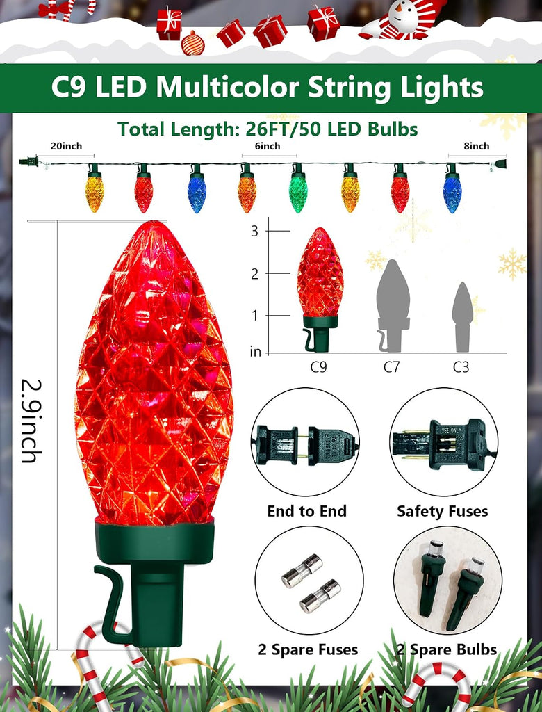 C9 Christmas Lights Outdoor, 26FT 50 LED Waterproof Connectable String Lights for Christmas Tree Roofline Holiday