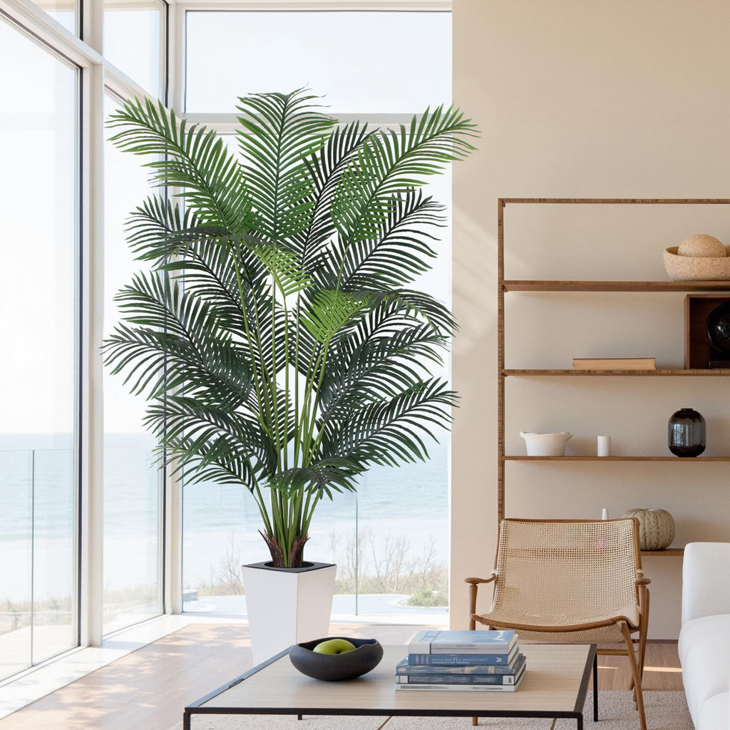 Artificial Palm Tree with White Tall Planter, 7ft Tall Potted Artificial Silk Palm Tree Plant, Fake Tropical Plant