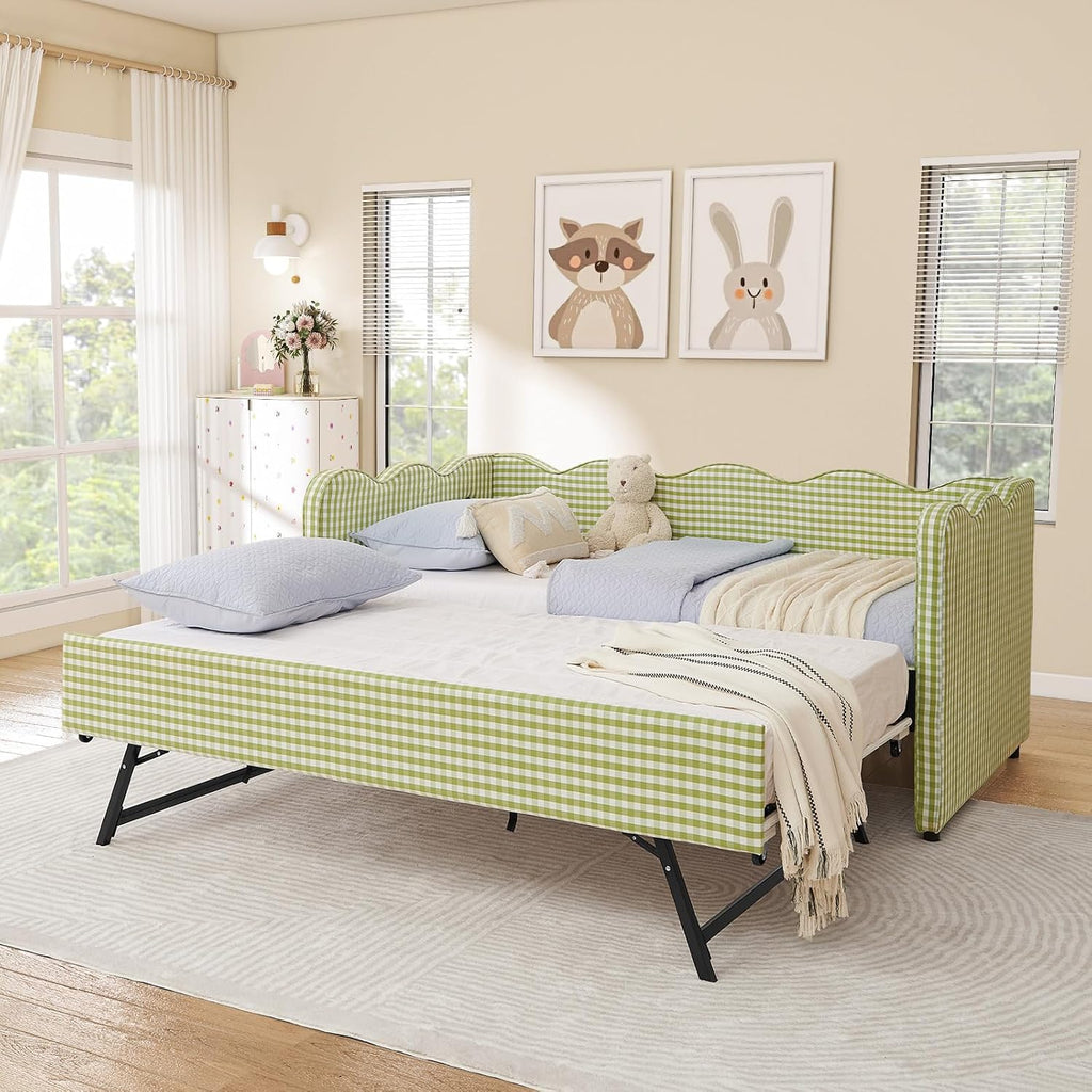 Twin Size Daybed with Pop Up Trundle, Linen Gingham Twin to King Daybed with USB Ports, Upholstered Day Bed Frame