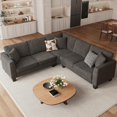 L Shaped Couch, Small Corner Sectional Sofa for Living Room, Comfy Chenille L Shape Sofa with 3 Throw Pillows