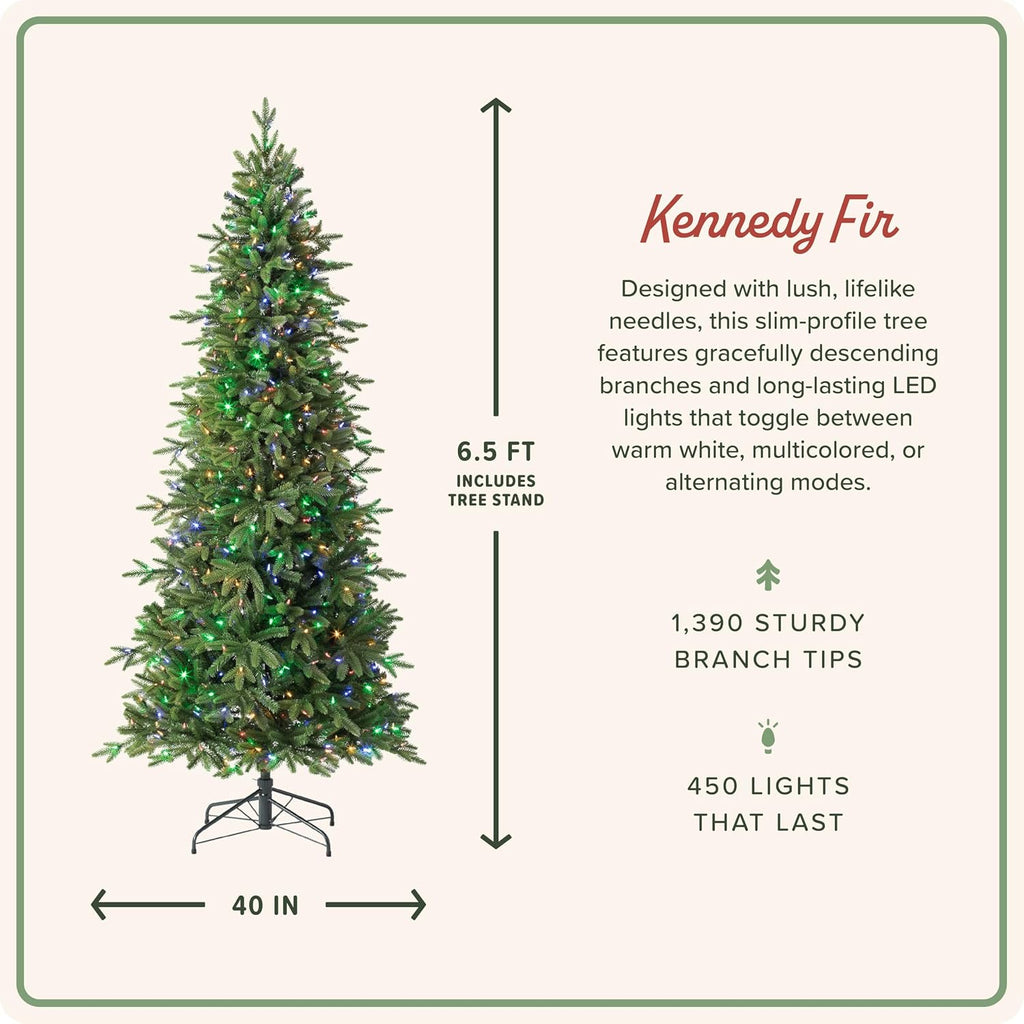 Kennedy Fir - Artificial Indoor Christmas Tree, Hinged Branches, Narrow Profile, Holiday Décor. LED Color Changing