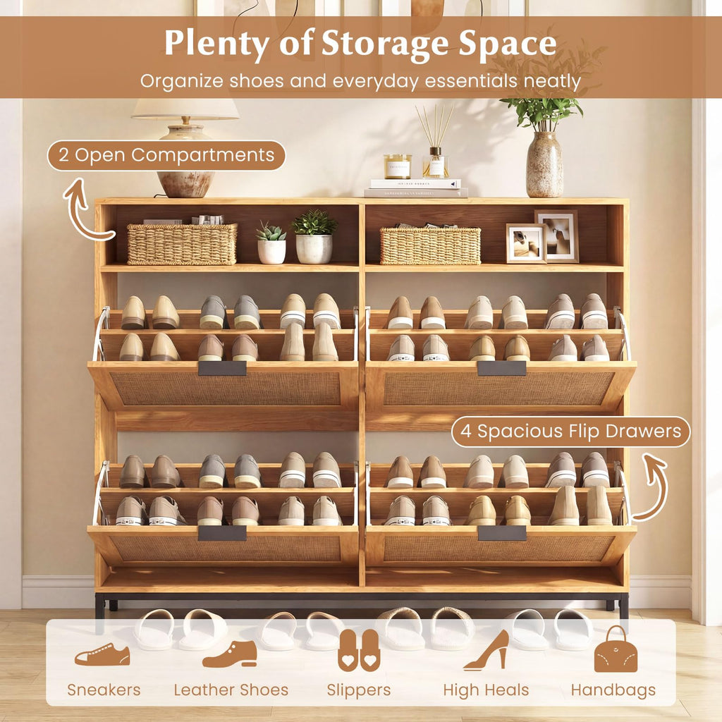 Slim Shoe Storage Cabinet with 4 Flip Drawers & 2 Open Compartments