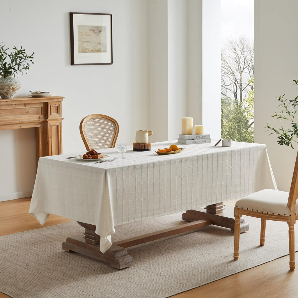 Linen Checked Table Cloth 60x104 Inches (Fit 6ft - 7ft, Narrow Fit 8ft Rectangle Table), Farmhouse S