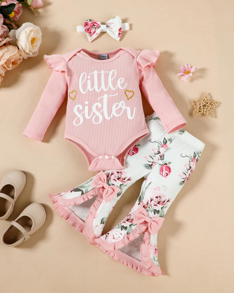Big Sister Little Sister Matching Outfits Rib Knit Ruffle Long Sleeve Romper Bell Bottoms Pant Sets Hat Headband