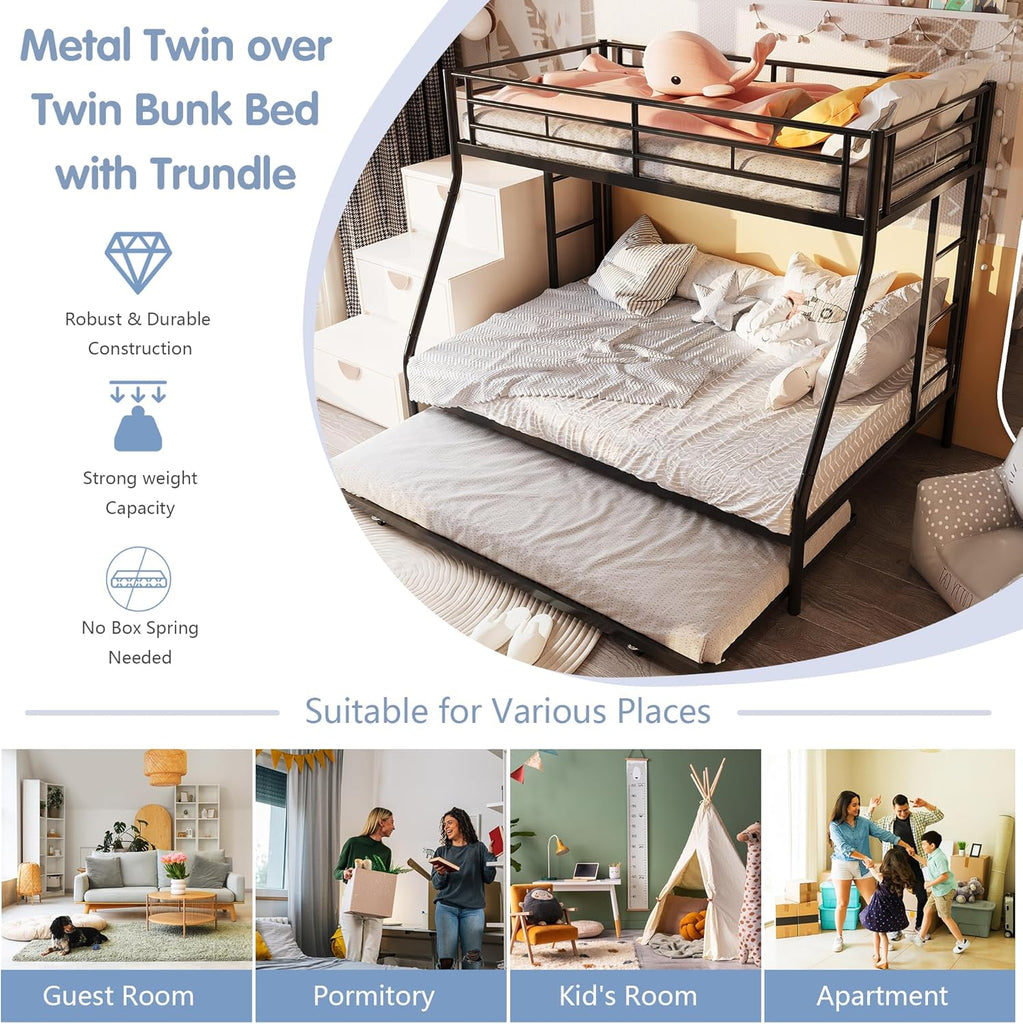 Twin Over Full Bunk Beds with Trundle, Heavy Duty Metal Triple Bunk Bed Frame