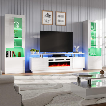 70" Fireplace Entertainment Center with Bookcases Set of 3, White