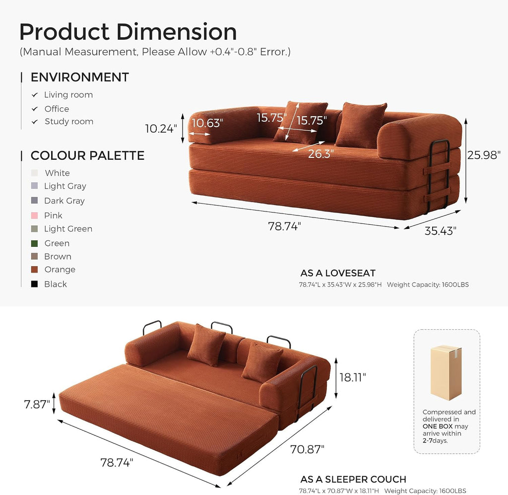 79" Convertible Futon Sofa Bed, Boneless Couch | Orange | Folding Corduroy Boneless Sleeper Sofa, Modular Futon Couch