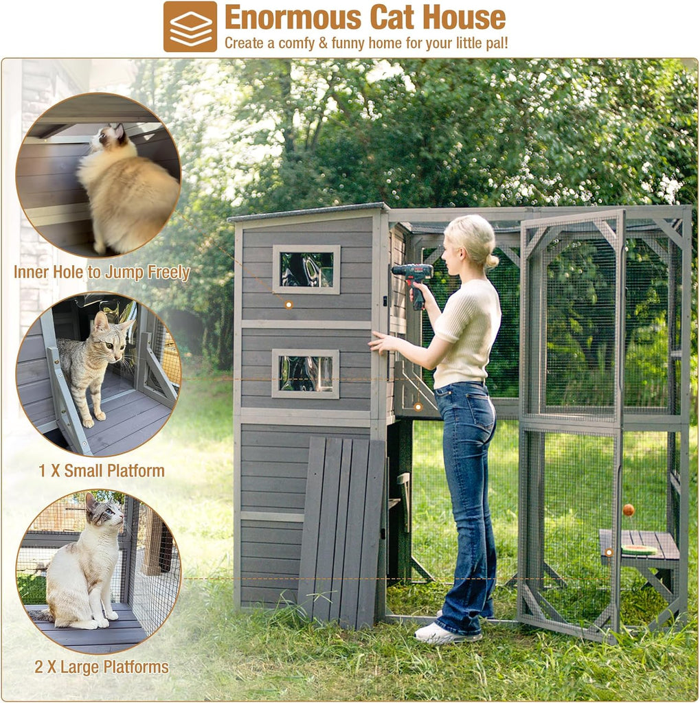 76.8 Inches Large Wood Catio, Catio Outdoor Cat Enclosure Large Walk in Cat Cage with 3 Platforms and 2 Resting Houses