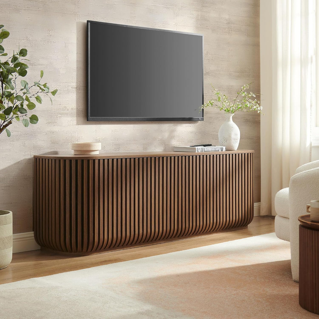 Fortitude 75" Fluted Curved Sideboard Buffet with 4 Doors in Walnut - Modern Media Console TV Stand with Adjustable