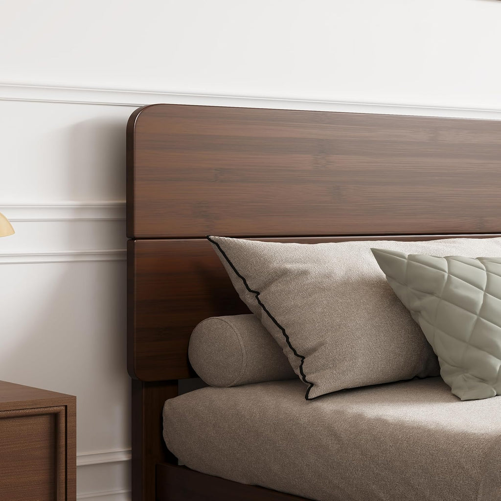 14in High Solid Bamboo Wood Platform Queen Bed Frame with Headboard, Reinforced Heavy Duty Metal Slats, Noise Free