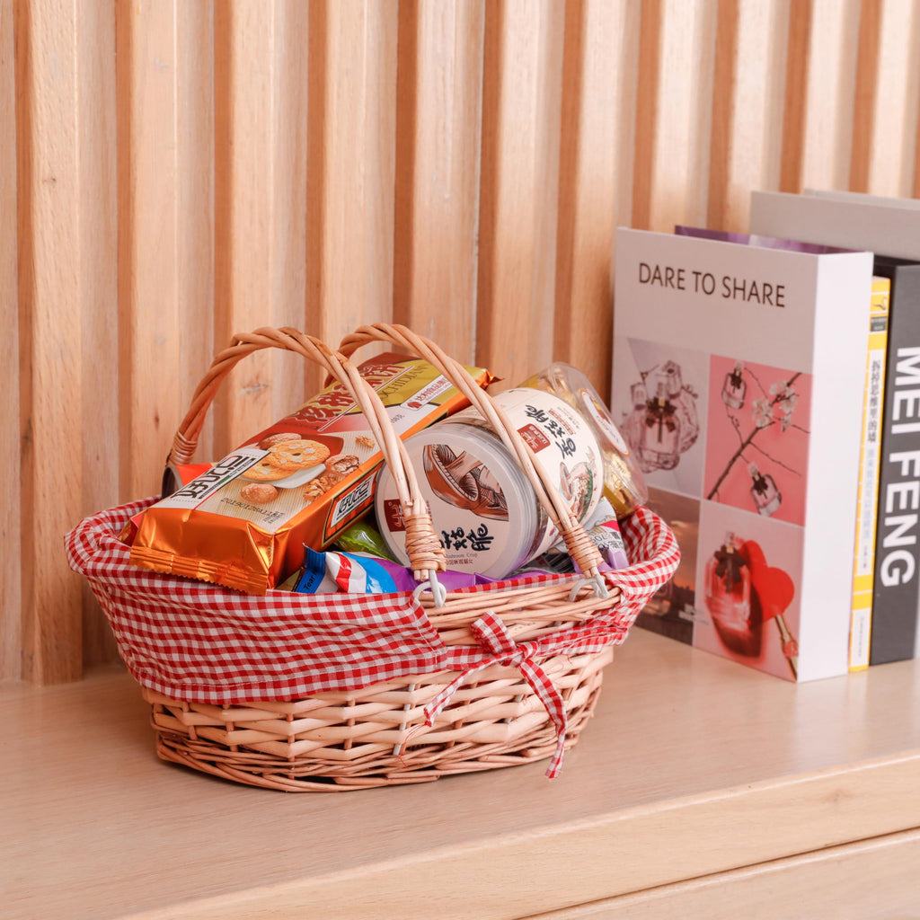 Oval Wicker Gift Basket with Double Drop Down Handles, Red Gingham Lining, Woven Picnic Basket for Gifts, Gathering