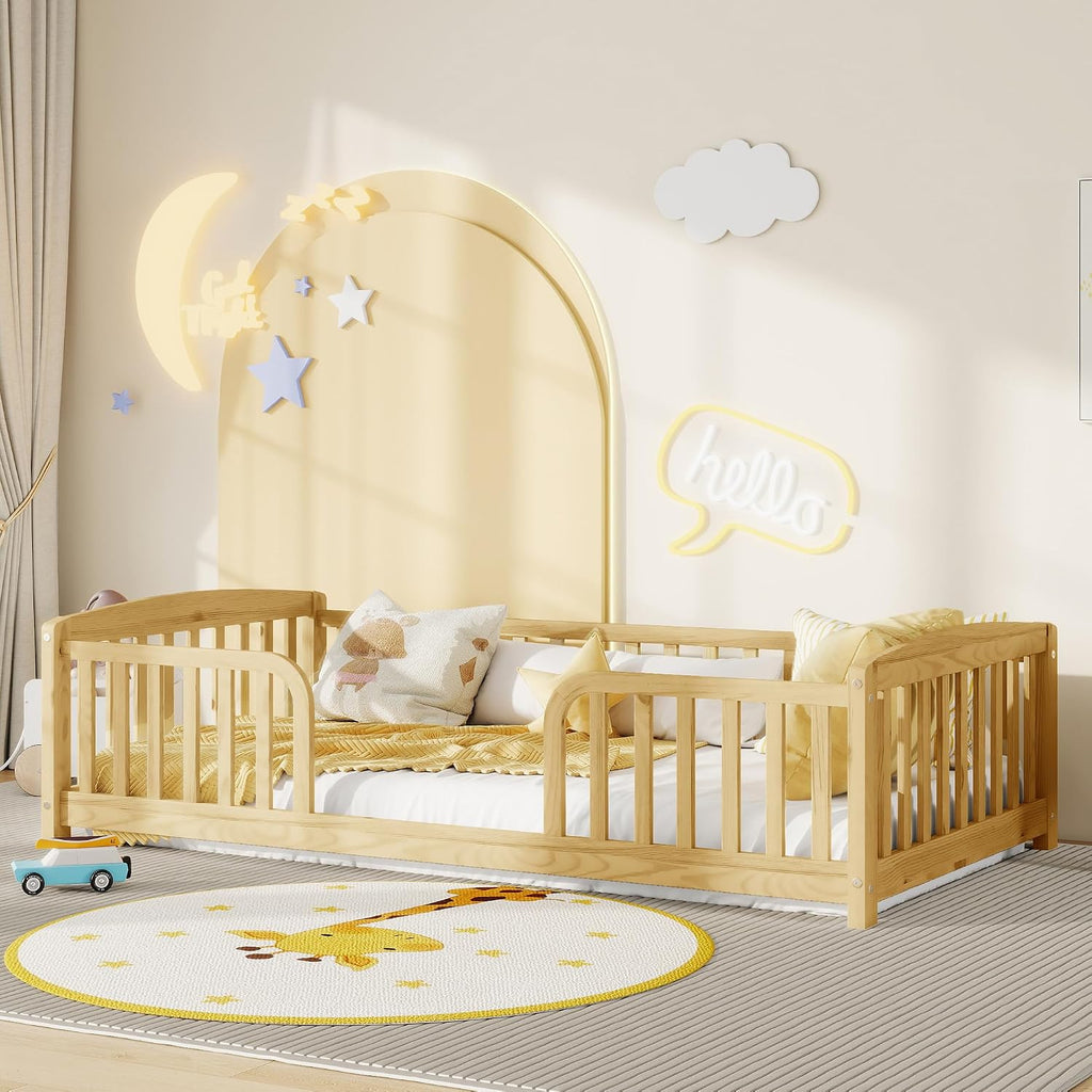 Twin Floor Bed with Rails, Pine Wood Montessori Bed with Central Entrance & Round Corner Design, Montessori Floor